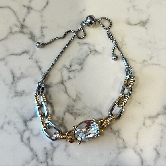 Silver & Gold Toned Chain Bracelet w/ Large Rhinestone - Picture 1 of 3